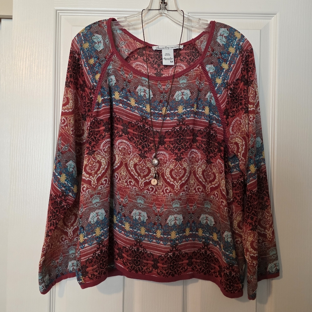 American Rag  Red and Blue Patterned Long Sleeve Blouse Sz M